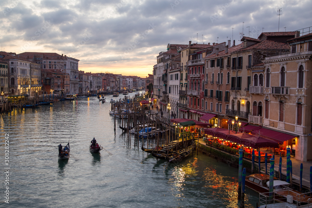 Gondolas on the Grand Canal at sunset