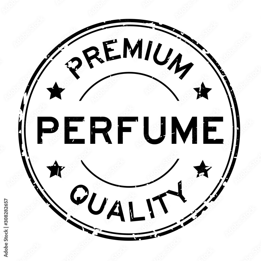 Grunge black premium quality perfume word round rubber seal stamp on white background