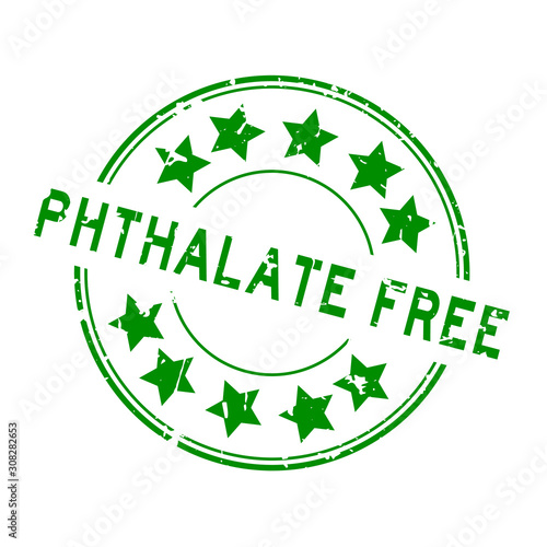 Grunge green phthalate free word with star icon round rubber seal stamp on white background