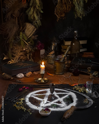 Magical pentogram of salt, a ritual of magic, spells, witchcraft. Attributes for the ritual