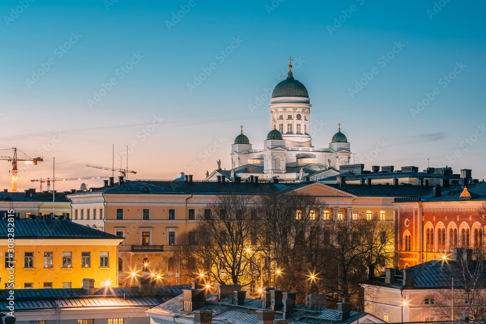 Helsinki, Finland. Night Evening View Of Helsinki Cathedral. Famous Landmark In Blue Hour