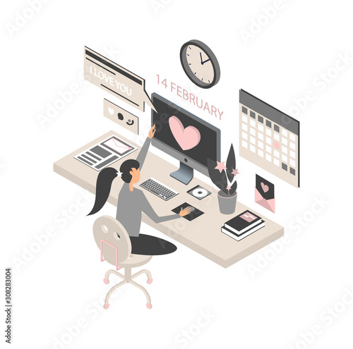 Modern flat design isometric concept of Valentine's day. Girl sitting at a table with a computer, on a calendar February 14 and many details with love.