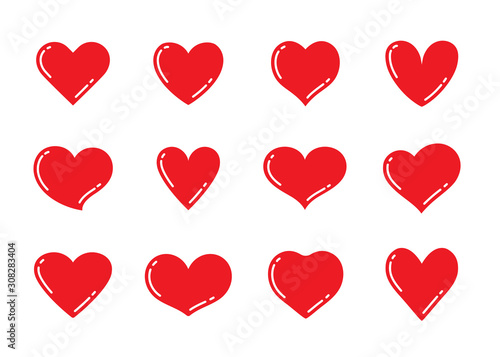 Set of red and pink heart shaped symbols. Collection of different romantic heart icons for web site, sticker, label, tattoo art, love logo and Valentines day.