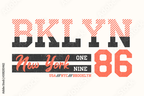 Brooklyn, New York athletic design for t-shirt. Typography graphics for t shirt with slogan Bklyn. Sport apparel print with grunge. Vector illustration.