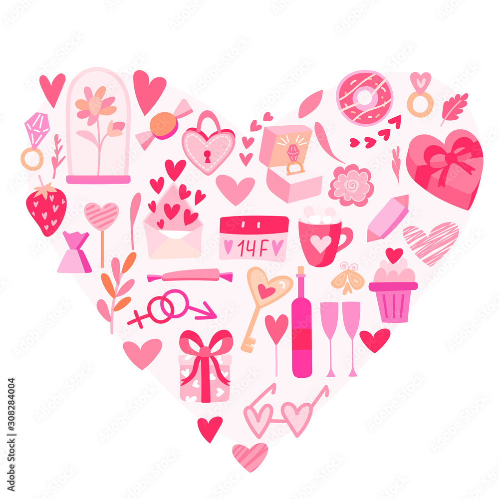 Set of vector flat valentine's day illustrations. Background for greeting cards, packaging, design for a holiday, wedding, engagement. Hearts and symbols of love in pink colors. Set of vector flat valentine's day illustrations. Background for greeting cards, packaging, design for a holiday, wedding, engagement. Hearts and symbols of love in pink colors.