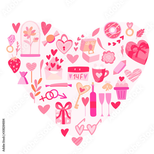 Set of vector flat valentine's day illustrations. Background for greeting cards, packaging, design for a holiday, wedding, engagement. Hearts and symbols of love in pink colors.