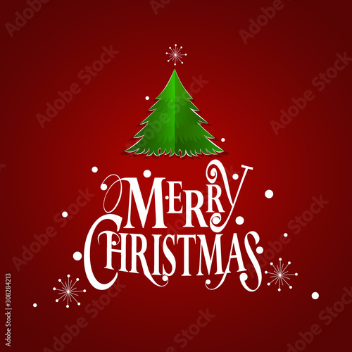 Christmas Greeting Card. Merry Christmas lettering with Christmas tree  vector illustration