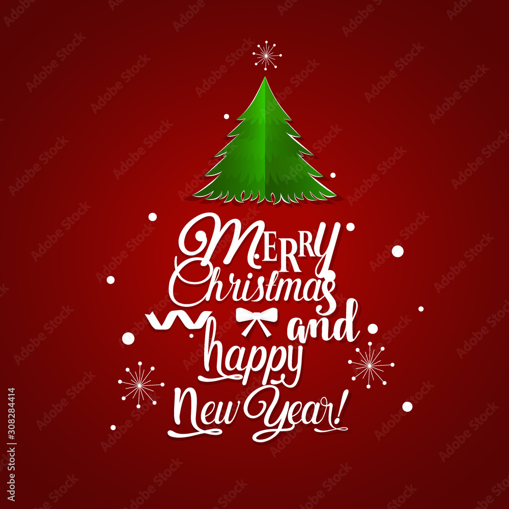 Christmas Greeting Card. Merry Christmas lettering with Christmas tree, vector illustration