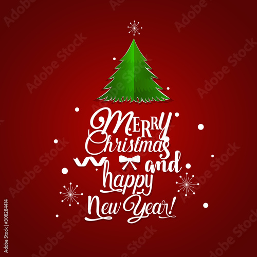 Christmas Greeting Card. Merry Christmas lettering with Christmas tree  vector illustration