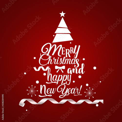 Christmas Greeting Card. Merry Christmas lettering with Christmas tree, vector illustration