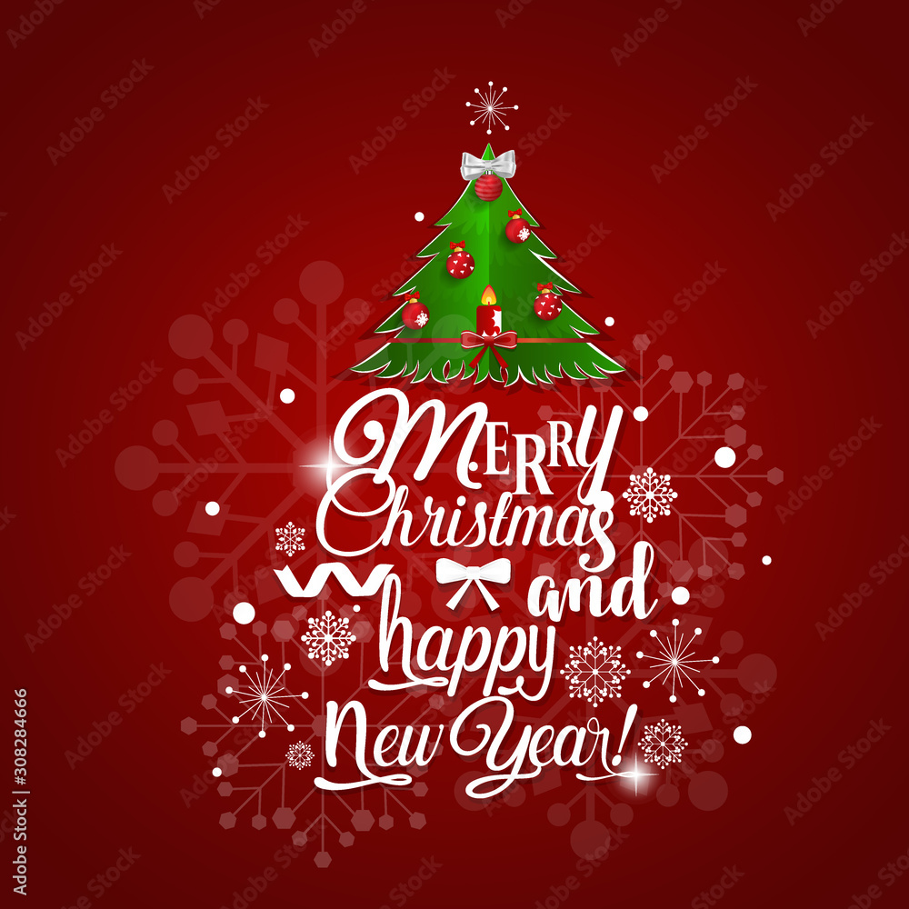 Christmas Greeting Card. Merry Christmas and Happy New Year lettering with Christmas tree, vector illustration