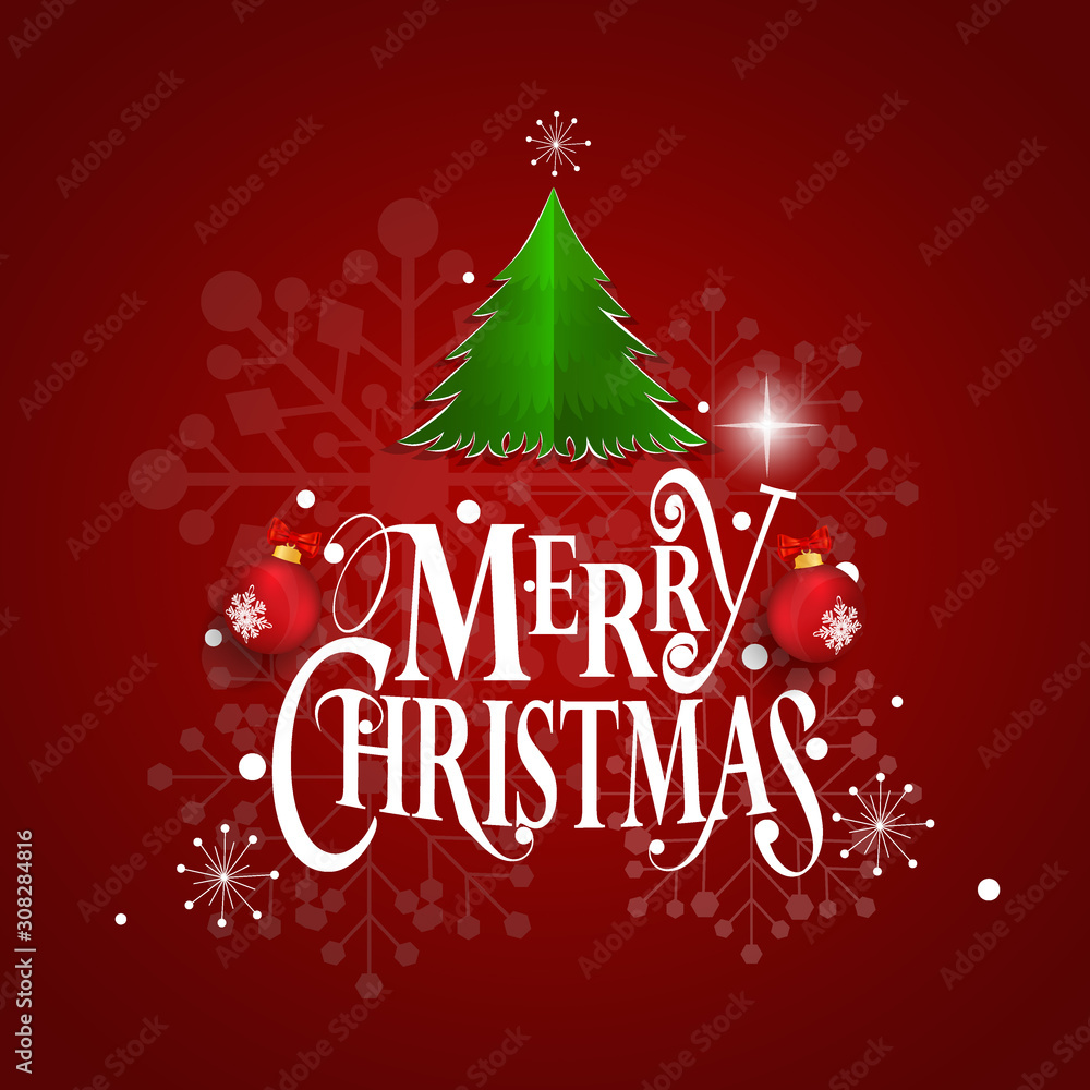 Christmas Greeting Card. Merry Christmas lettering with Christmas tree, vector illustration