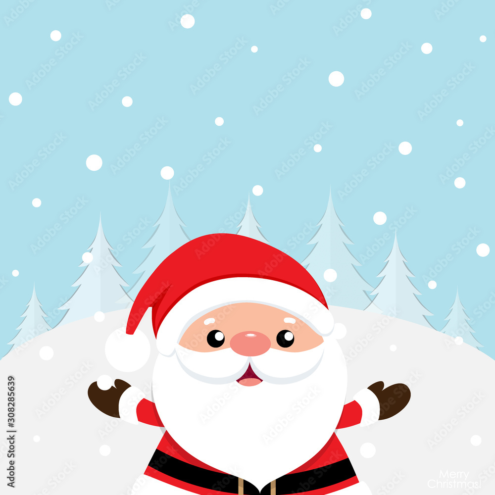 Christmas Greeting Card with Christmas Santa Claus and Christmas tree. Vector illustration
