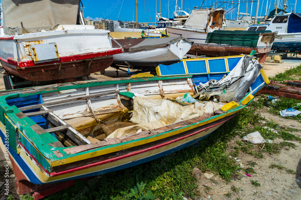 Small wooden boats on Manoel Island, Malta