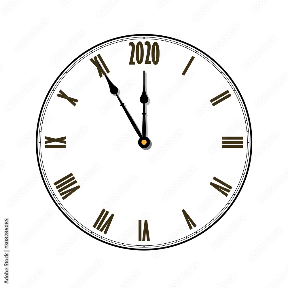 Happy New year 2020. Black clock, arrows, isolated on white background. Blurred design holiday banner, Christmas celebration party, poster. Template decoration card. Vector illustration Happy New year 2020. Black clock, arrows, isolated on white background. Blurred design holiday banner, Christmas celebration party, poster. Template decoration card. Vector illustration