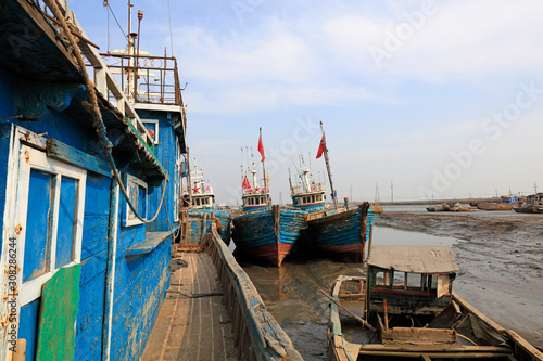 wooden fishing vessel in fishing port wharf, China