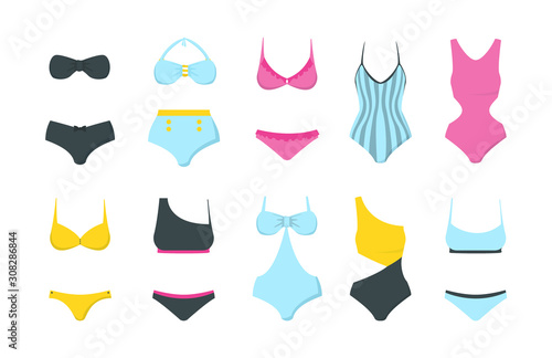 Female swimwear collection vector isolated. Colorful swimsuit