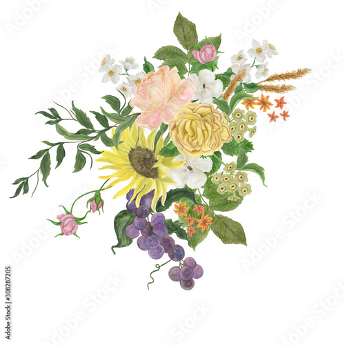 Watercolor painting a bouquet with classic floral and fruits motif. design element for wedding invitation, card