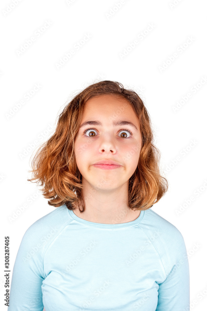 Cute teenager girl with funny face expression looking to camera, isolated. April fool day Cute teenager girl with funny face expression looking to camera, isolated. April fool day