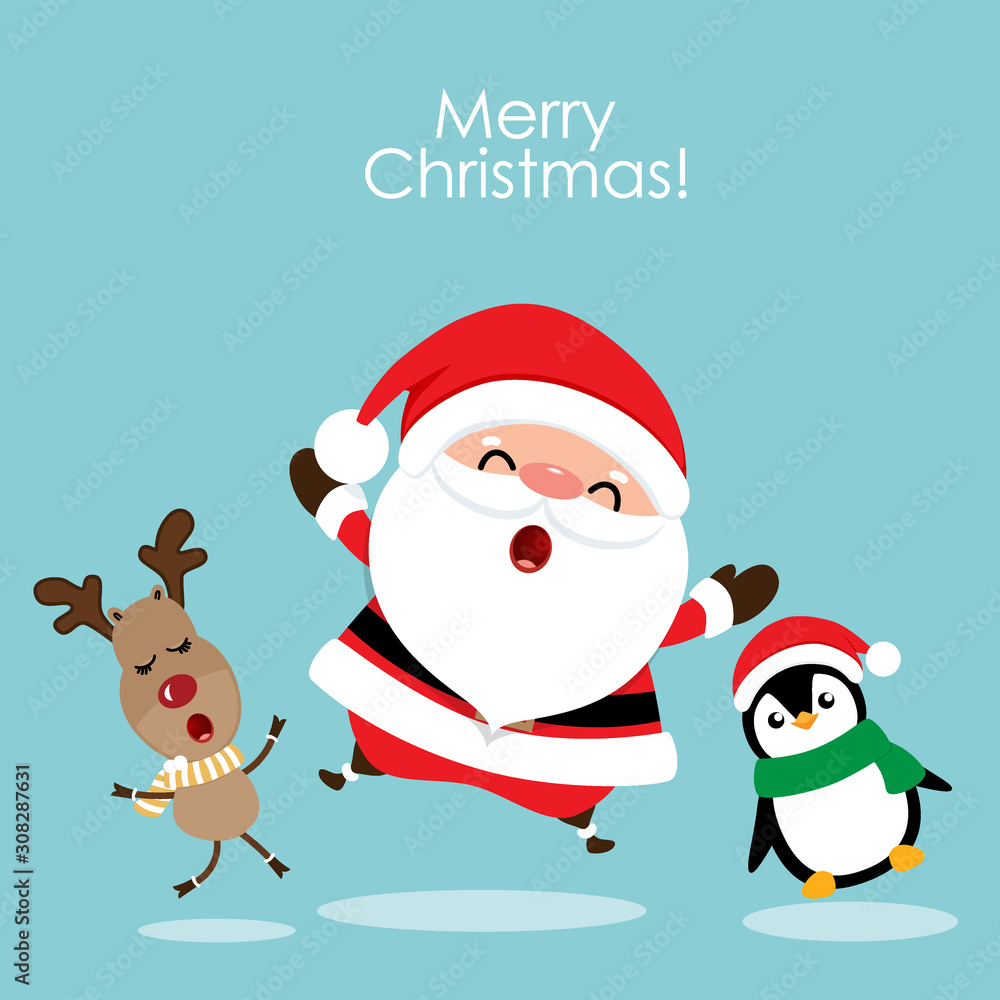 Holiday Christmas greeting card with Santa Claus, reindeer and Penguin cartoon. Vector illustration Holiday Christmas greeting card with Santa Claus, reindeer and Penguin cartoon. Vector illustration