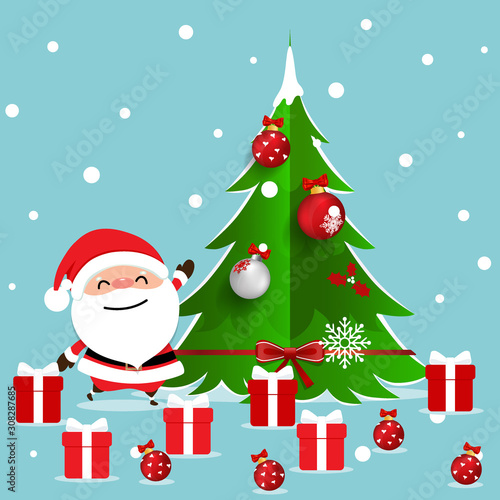 Christmas Greeting Card with Christmas Santa Claus and Christmas tree  vector illustration