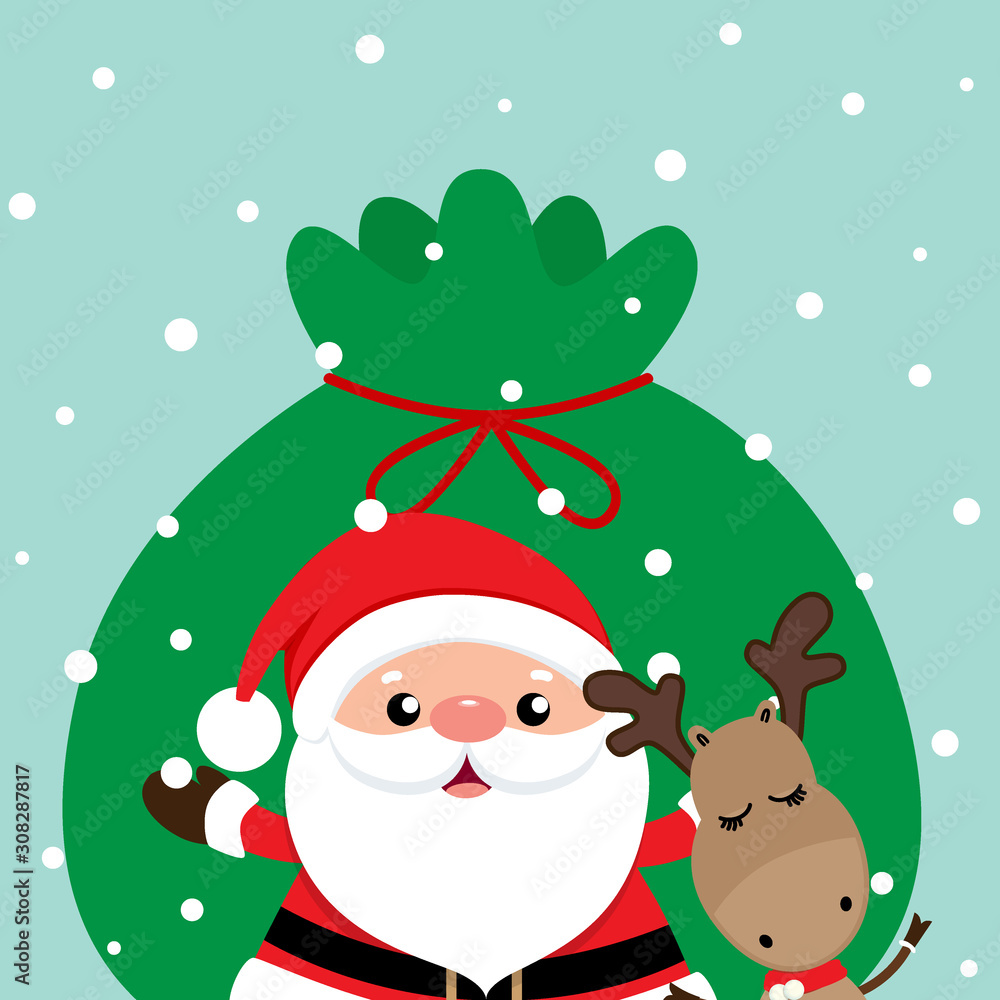 Holiday Christmas greeting card with Santa Claus, and reindeer. Vector illustration