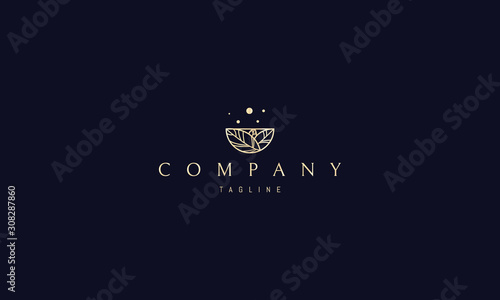 Vector golden logo on which an abstract image of leaves in the form of a bowl.