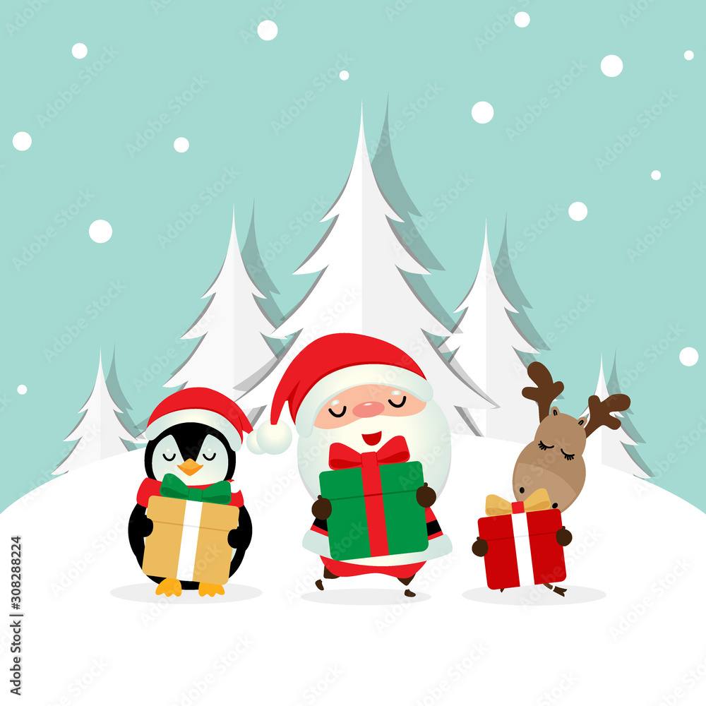 Holiday Christmas greeting card with Santa Claus, reindeer and Penguin cartoon. Vector illustration Holiday Christmas greeting card with Santa Claus, reindeer and Penguin cartoon. Vector illustration
