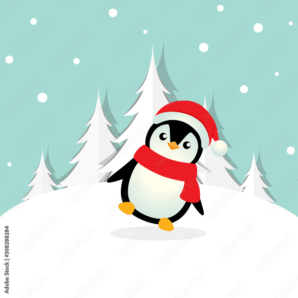 Holiday Christmas greeting card with Penguin cartoon. Vector illustration Holiday Christmas greeting card with Penguin cartoon. Vector illustration