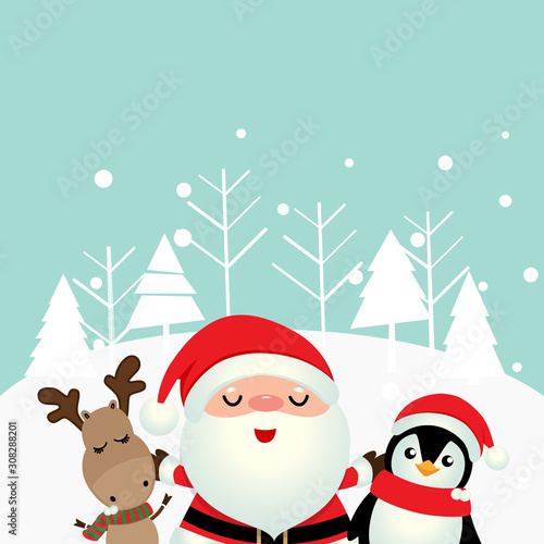 Holiday Christmas greeting card with Santa Claus, reindeer and Penguin cartoon. Vector illustration