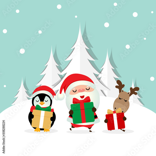 Holiday Christmas greeting card with Santa Claus, reindeer and Penguin cartoon. Vector illustration © jannoon028