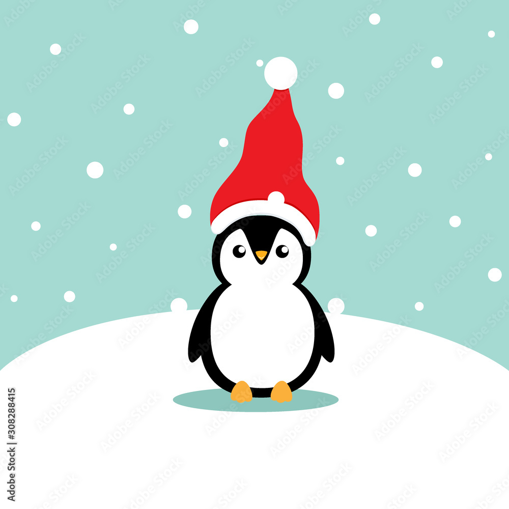 Holiday Christmas greeting card with Penguin cartoon. Vector illustration