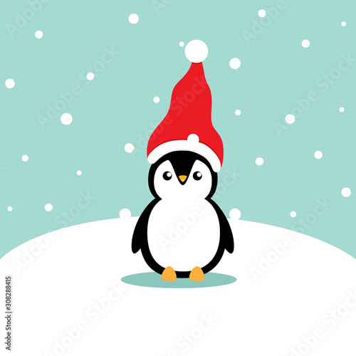 Holiday Christmas greeting card with Penguin cartoon. Vector illustration © jannoon028