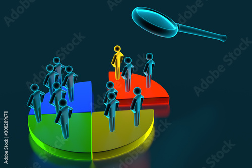 Businesspeople Analyzing Market Segment Using Magnifying Glass. Different groups of 3D men occupy different shares in the business schedule. 3d rendering photo