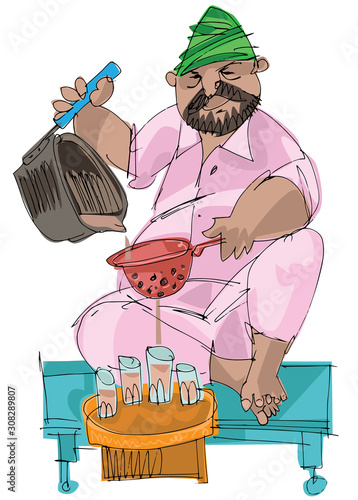An indian tea vendor pouring tea from mug to cup. Cartoon. Caricature.