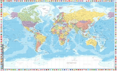 World Map Political and Flags - Vector Detailed Illustration