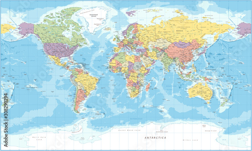 Fényképezés World Map - Political - Vector Detailed Illustration