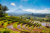 scenic panorama view of rice terraces with volcano in bali indonesia