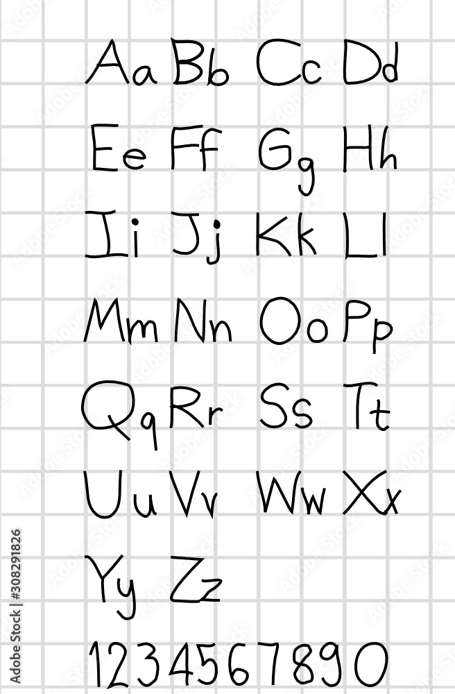 Lowercase letters, uppercase letters and numbers are handwritten.English font and number font on grid paper.