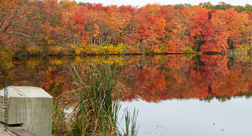 View of the autumn colored trees from the bridge at Southards Pond photo