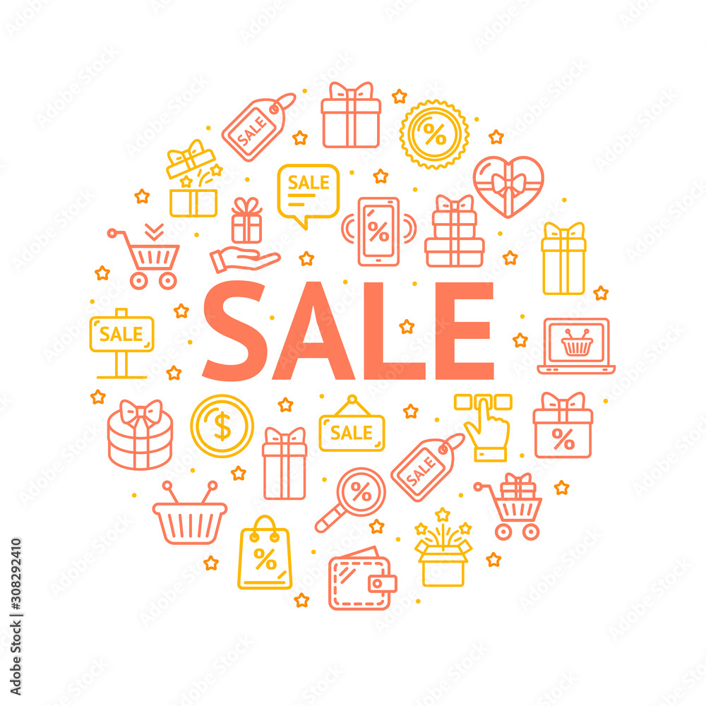 Sale Signs Round Design Template Thin Line Icon Concept. Vector