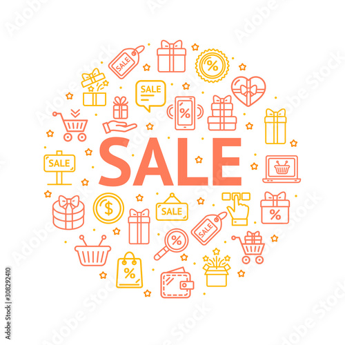 Sale Signs Round Design Template Thin Line Icon Concept. Vector