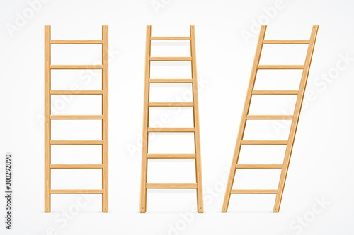 Realistic Detailed 3d Wooden Ladder Set. Vector