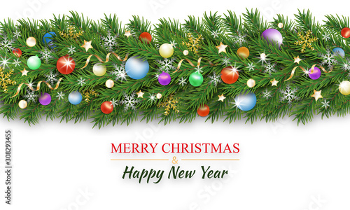 Christmas border decoration and happy New Year garland on white background. Christmas tree branches decorated colorful baubles and balls, snowflake, ribbons and stars. Xmas background.