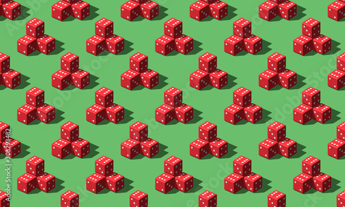 3d render of red casino dices on green table pattern. Seamless isometric texture. Flat lay print