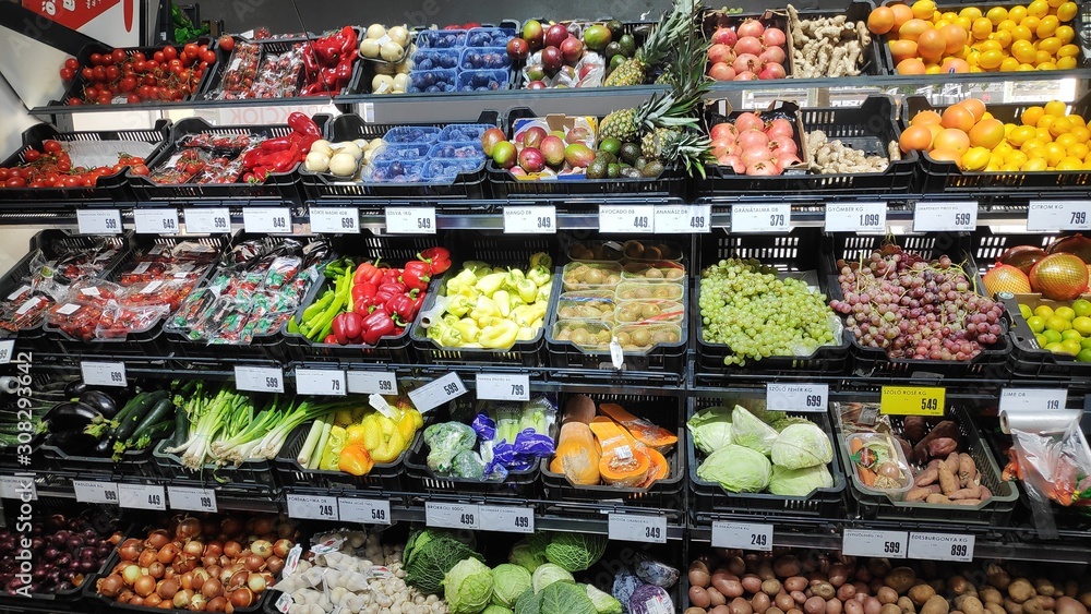 Budapest, Hungary - 2019.11.14: Fruits and vegetables in a supermarket Budapest, Hungary - 2019.11.14: Fruits and vegetables in a supermarket