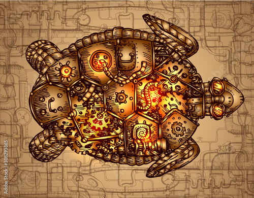 Mechanical turtle. Hand drawn vector steampunk  illustration
