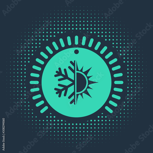 Green Thermostat icon isolated on blue background. Temperature control. Abstract circle random dots. Vector Illustration