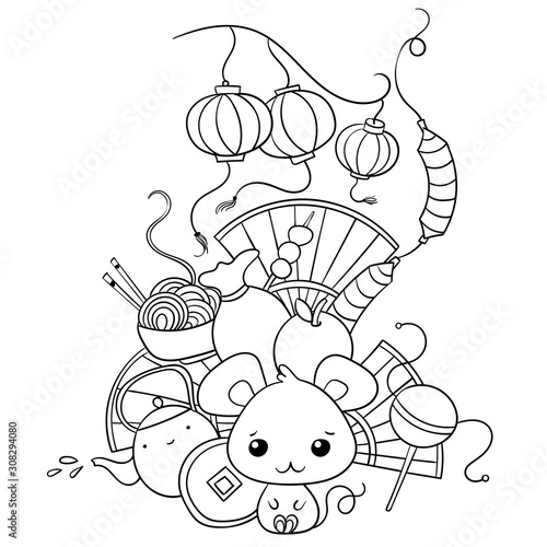Doodles art with Chinese New Year decorations and kawaii mouse, symbol of 2020 year.  Festival bangers, lanterns, fans, asian food.  Holyday emblem for coloring, easy to change colors.