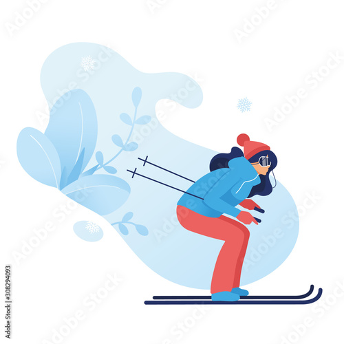 Yong girl is skiing. Winter game sport vector flat illustration of skier. Outdoor snow recreation, cartoon character. frozen plants isolated background. Vector